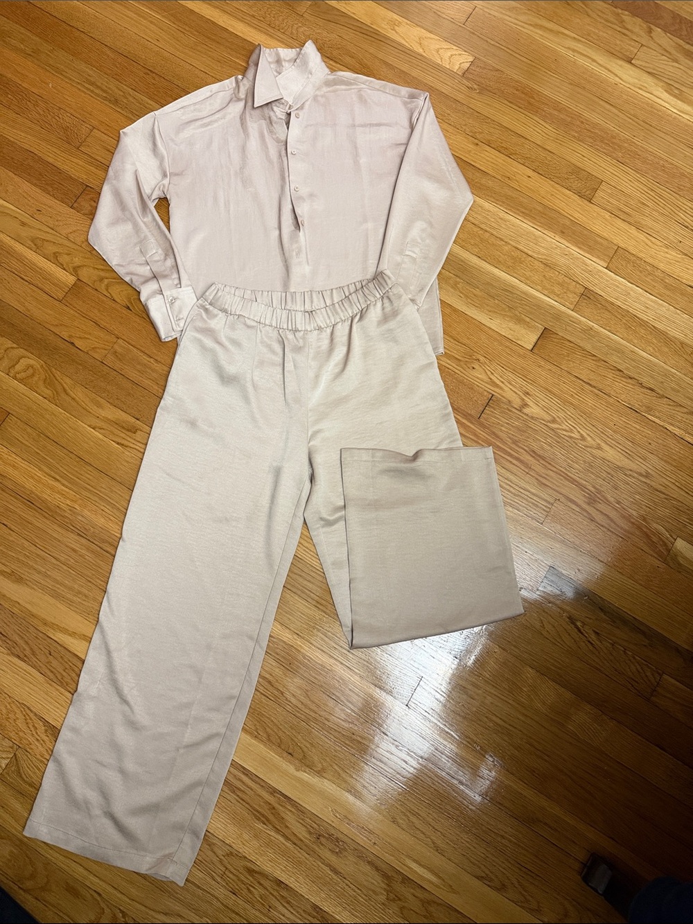Worthington Light Beige Wide-Leg Pants with Elastic Waist and long sleeve shirt